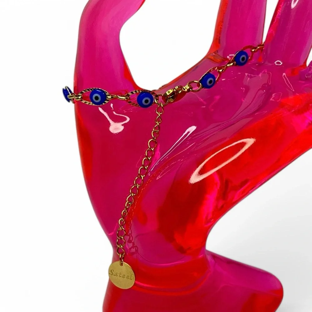 Evil Eye Bracelet Gold Tone Stainless Steel Blue Nazar Mal de Ojo Dainty Anklet